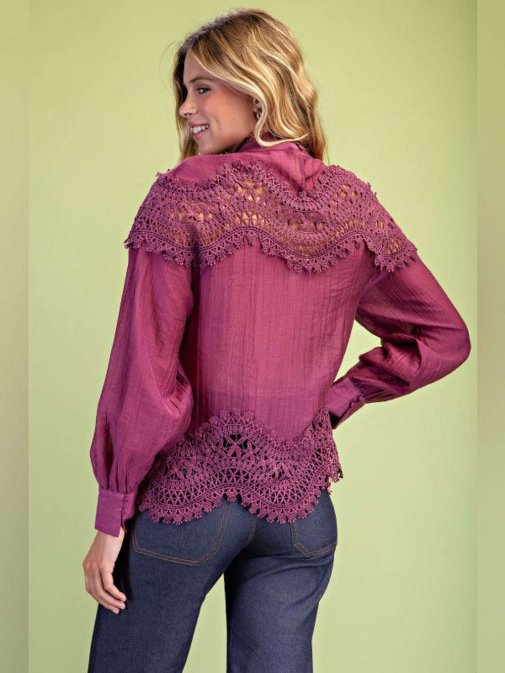 Sheer High-Neck Lace Patchwork Blouse – Plum - Picture 7 of 7